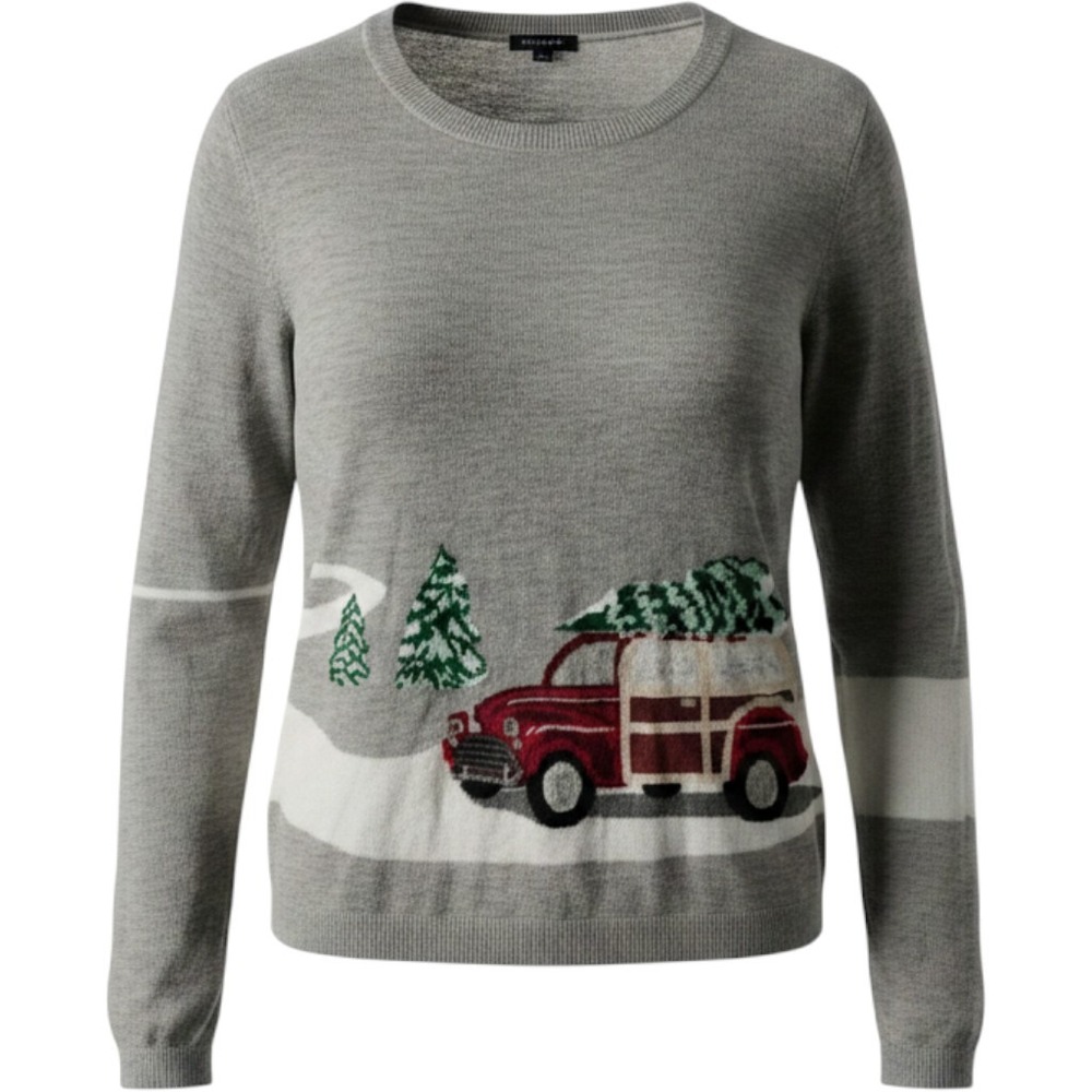 CHRISTMAS Talbots Womens Christmas Tree Woody Wagon Intarsia Knit Sweater Gray L